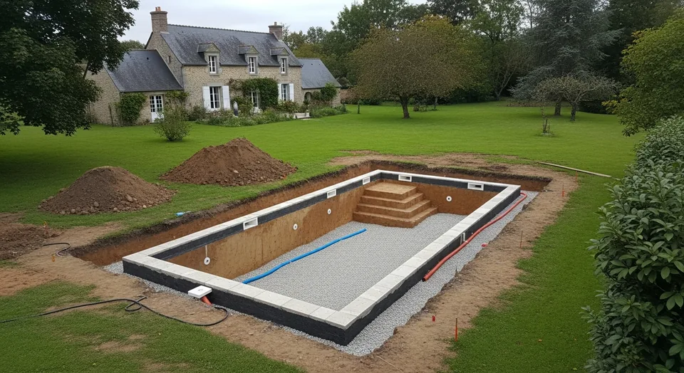 Fouille de piscine avec gestion du calcaire et drainage à Caen